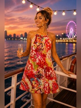 B. Darlin Tropical Floral Halter Dress | Seashell Neckline Cruise Resort